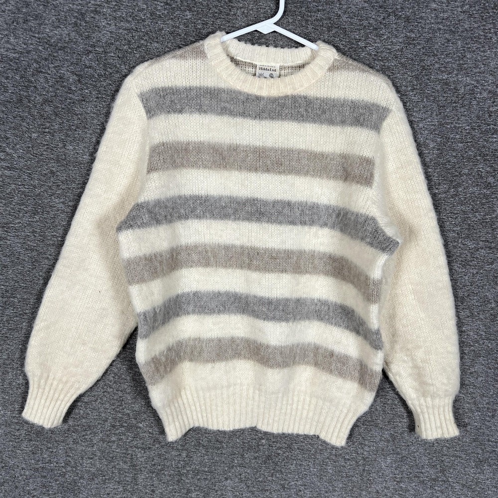 VTG Hilda Ltd Sweater Womens M White Gray Stripe 100% Wool Crewneck‎ Icelandic